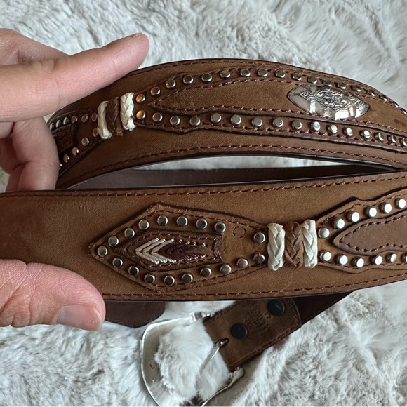 3-D Western Men’s 44 Brown Leather Studded Braided Belt Silver Buckle - Picture 5 of 9